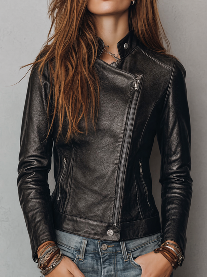 Vintage Faux Leather Asymmetric Zip Biker Jacket