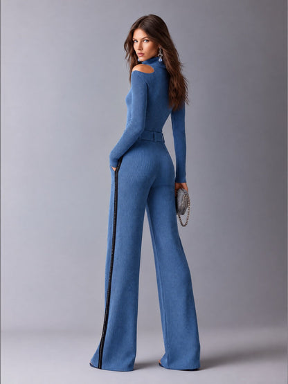 Blue Ribbed Knit Cold-Shoulder Button-Front Wide-Leg Jumpsuit with Contrast Side Stripes