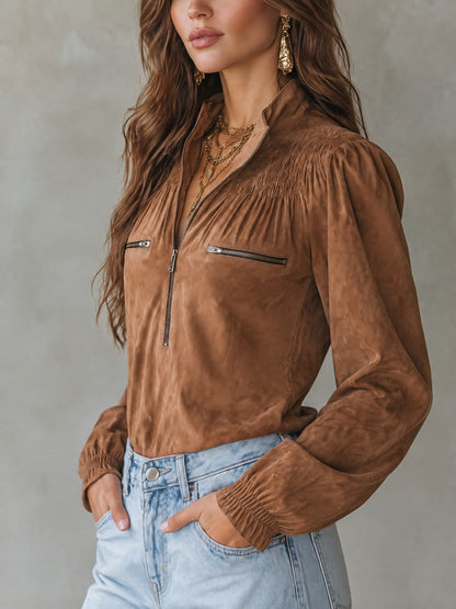 Vintage Smocked Yoke Half-Zip Stand Collar Faux Suede Blouse