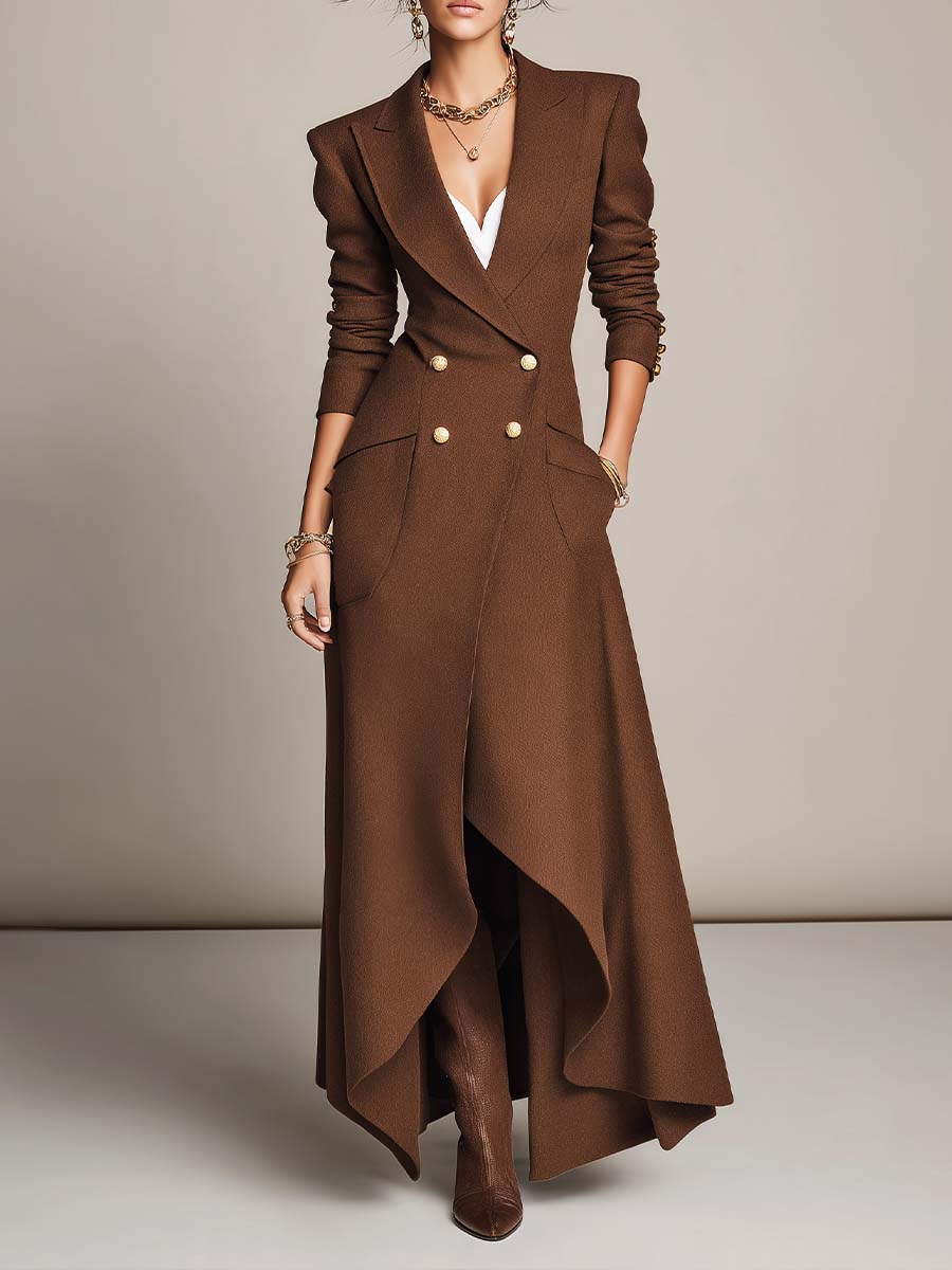 Women's Brown Double-Breasted Gold Buttons Blazer Maxi Dress With Asymmetric Hem