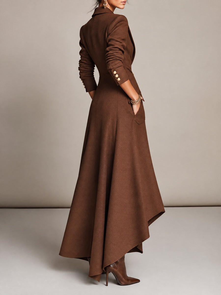 Women's Brown Double-Breasted Gold Buttons Blazer Maxi Dress With Asymmetric Hem