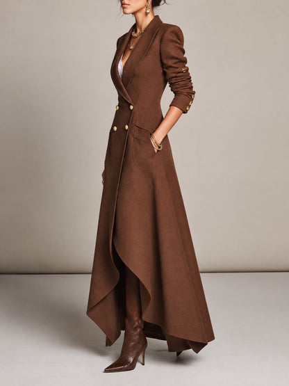 Women's Brown Double-Breasted Gold Buttons Blazer Maxi Dress With Asymmetric Hem