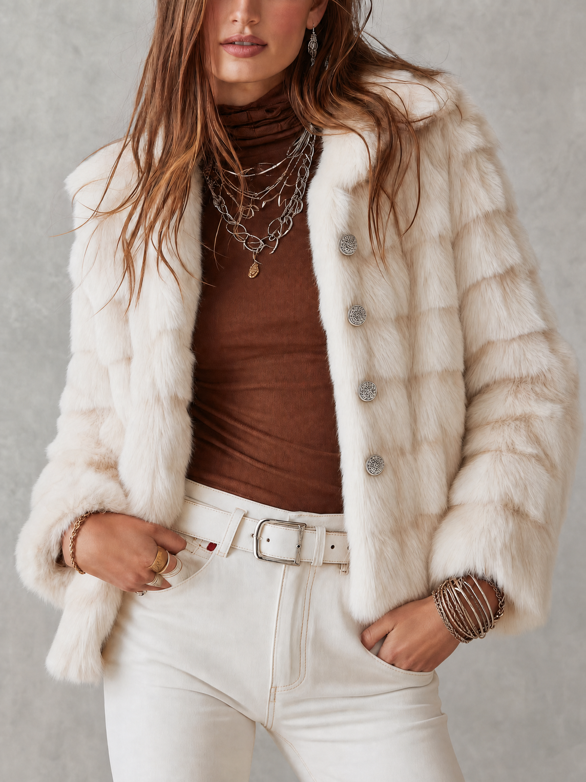 Vintage Lapel Collar And Silver Buttons Faux Fur Plush Winter Jacket