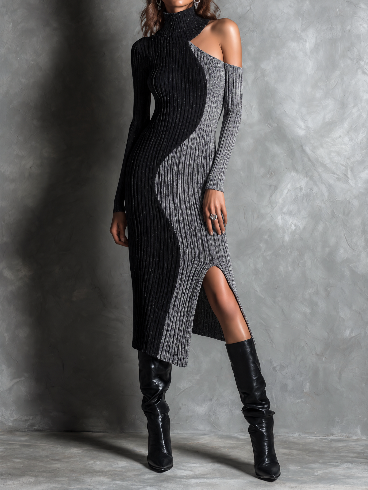 Chic Colorblock Ribbed Knit Turtleneck Cold Shoulder Midi Sweater Dress