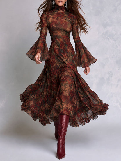 Boho Floral Print Mock Neck Bell Sleeve Ruffle Hem Midi Dress