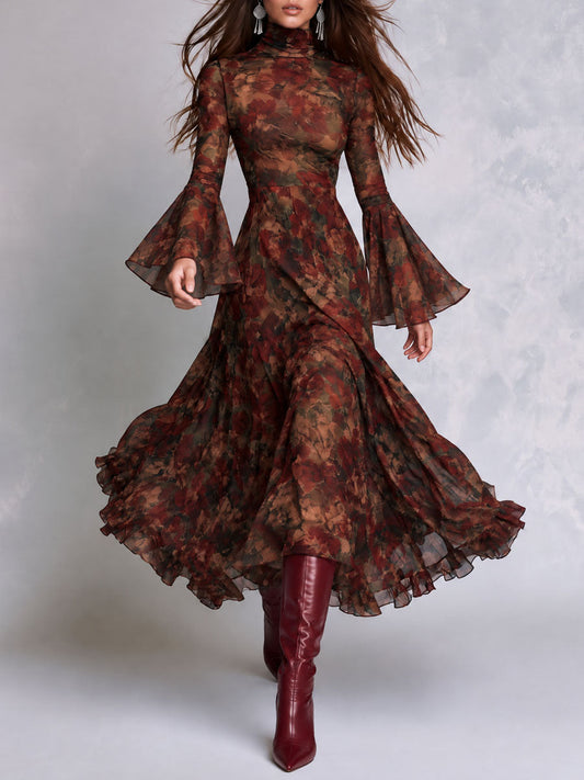 Boho Floral Print Mock Neck Bell Sleeve Ruffle Hem Midi Dress