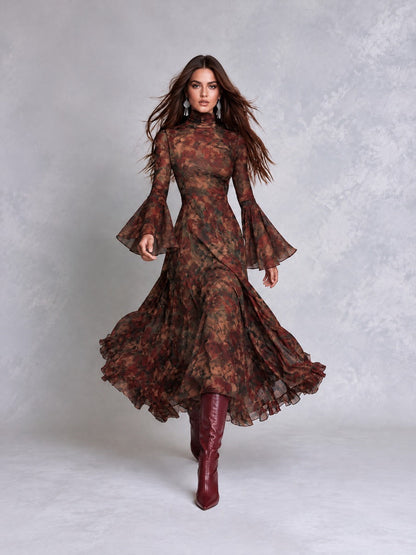 Boho Floral Print Mock Neck Bell Sleeve Ruffle Hem Midi Dress