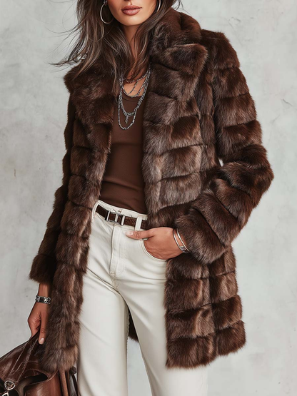 Vintage Brown Notched Lapel Mid-Length Faux Fur Coat