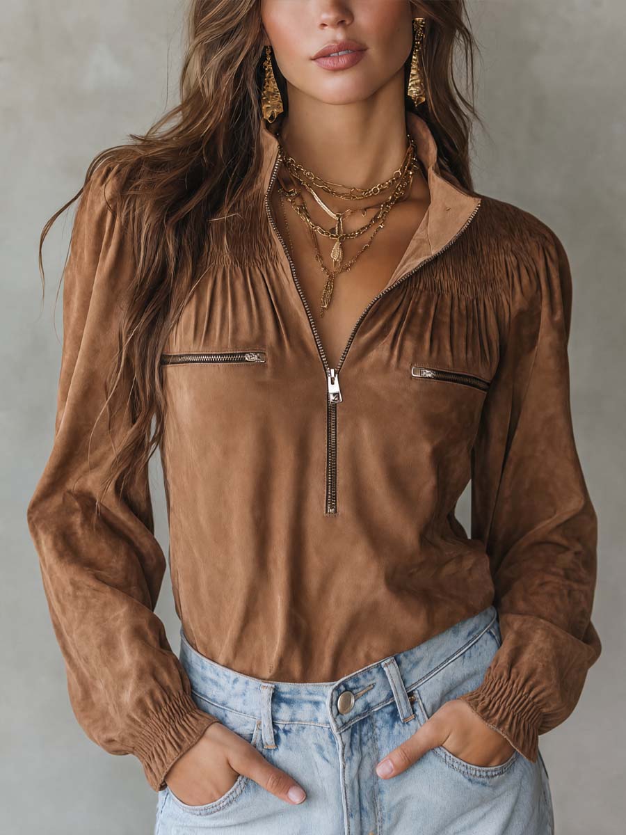 Vintage Smocked Yoke Half-Zip Stand Collar Faux Suede Blouse