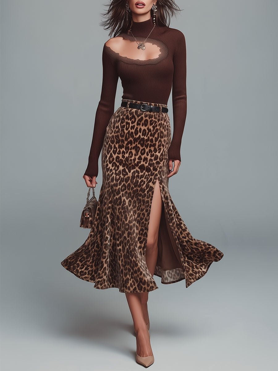 Lace Trim Asymmetrical Cut-out Top & Leopard Print Front Slit Flared Midi Skirt Set