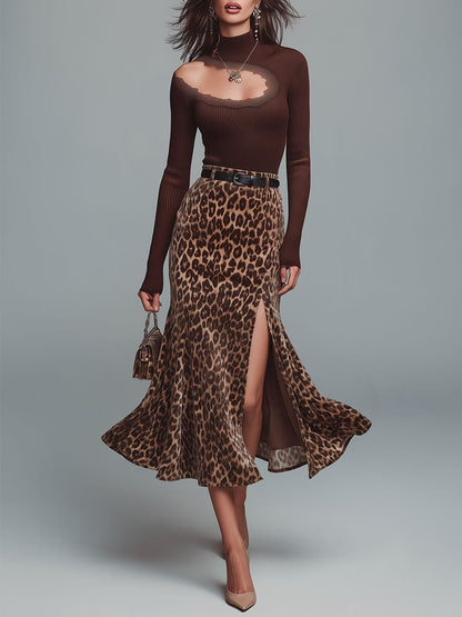 Lace Trim Asymmetrical Cut-out Top & Leopard Print Front Slit Flared Midi Skirt Set