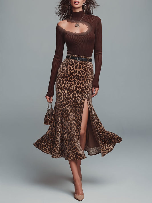 Lace Trim Asymmetrical Cut-out Top & Leopard Print Front Slit Flared Midi Skirt Set