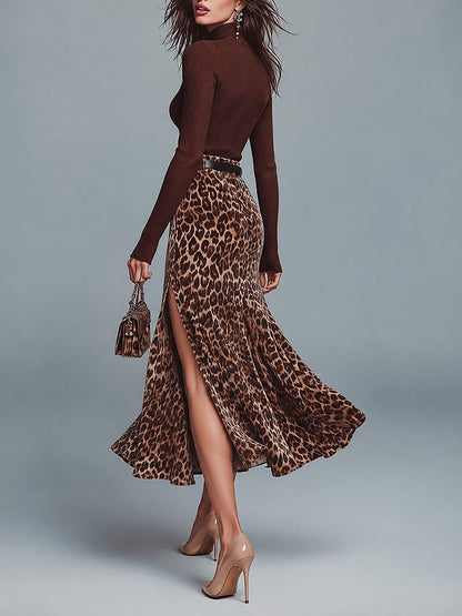 Lace Trim Asymmetrical Cut-out Top & Leopard Print Front Slit Flared Midi Skirt Set