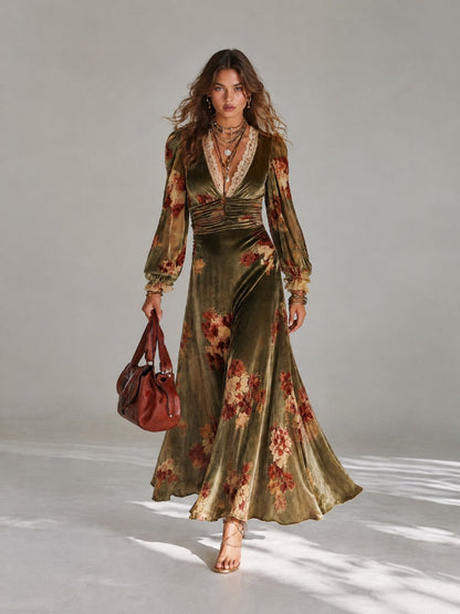 Lace V-Neck Floral Print Polyester Velvet Maxi Dress