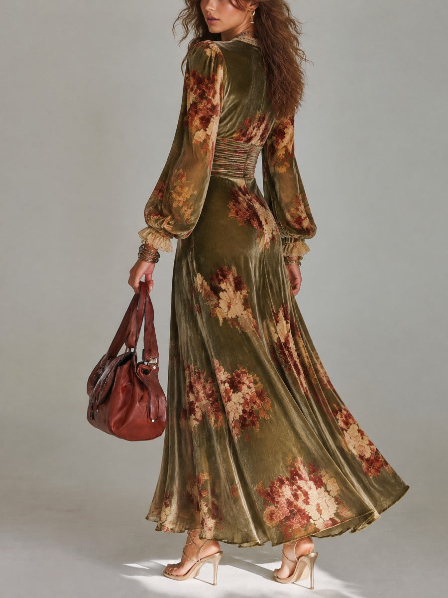Lace V-Neck Floral Print Polyester Velvet Maxi Dress