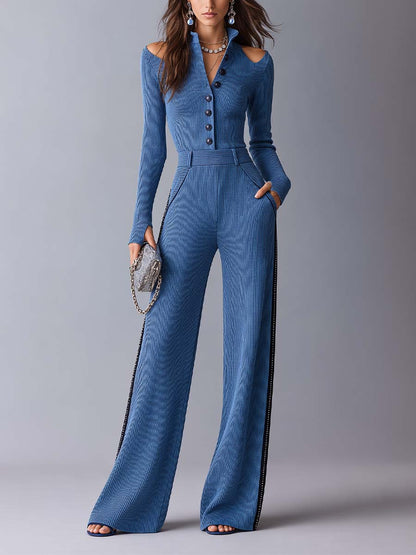 Blue Ribbed Knit Cold-Shoulder Button-Front Wide-Leg Jumpsuit with Contrast Side Stripes