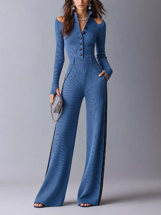 Blue Ribbed Knit Cold-Shoulder Button-Front Wide-Leg Jumpsuit with Contrast Side Stripes