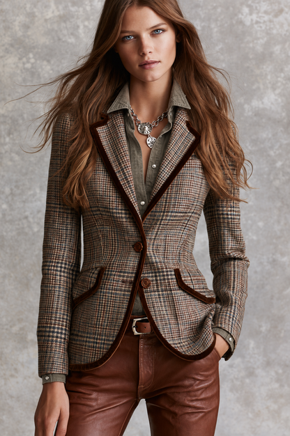 Vintage Brown Glen Plaid Fitted Blazer With Velvet Trim