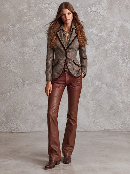 Vintage Brown Glen Plaid Fitted Blazer With Velvet Trim