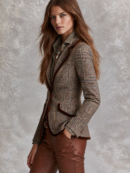 Vintage Brown Glen Plaid Fitted Blazer With Velvet Trim