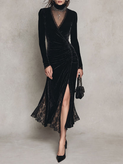 Quiet Luxury Black Velvet Surplice Thigh Slit Midi Dress with Lace Panels