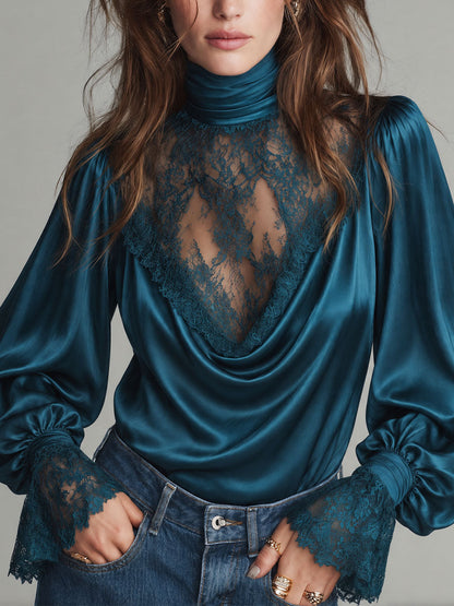 Retro Satin Lace Panel Mock Neck Balloon Sleeve Blouse