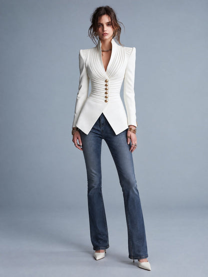 Ivory Tailored Pleated Slim Fit Blazer Jacket With Structured Shoulder