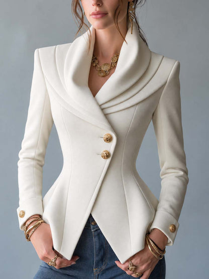 Women's Ivory Gold Buttons Structured Shawl Collar Blazer With Tailored Asymmetric Hem Jacket