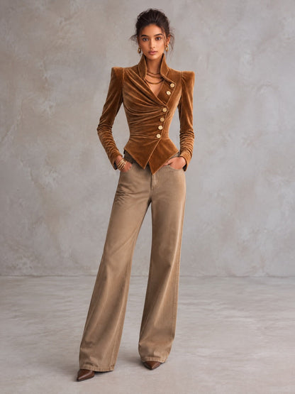Caramel Brown Velvet Structured-Shoulder Jacket with Asymmetrical Button Front