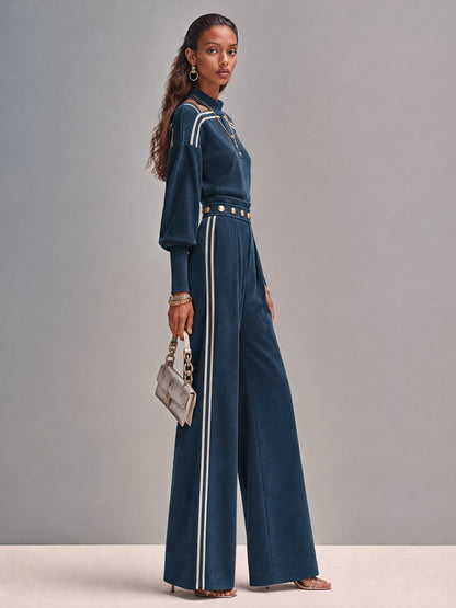 Navy Ribbed Cold-Shoulder Top and Wide-Leg Pants Set with Gold Button Details