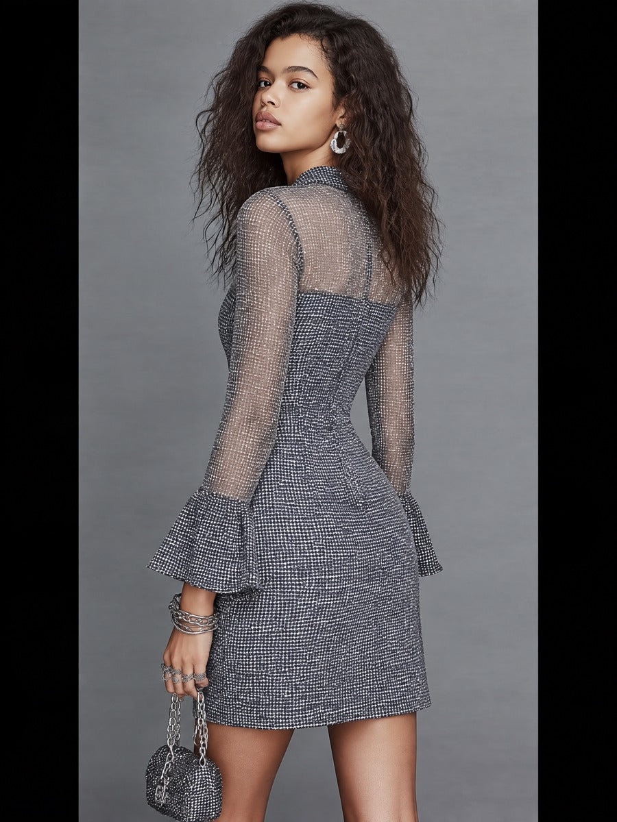 Vintage Sheer Mesh Sleeves And Bell Cuffs Tweed Tie-Neck Mini Dress
