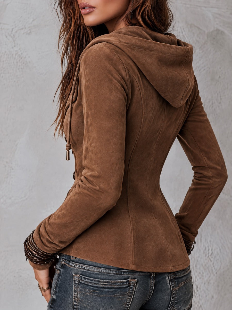 Vintage-Style Asymmetric Button-Placket Faux Suede Hooded Jacket