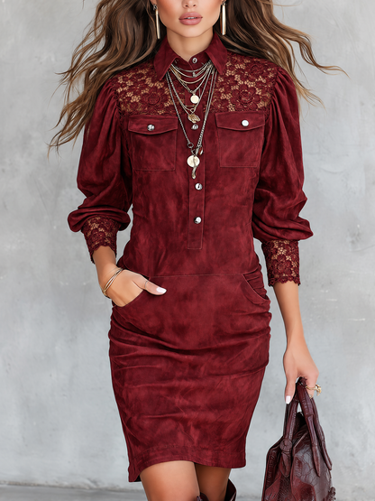 Faux Suede Lace Yoke Puff Sleeves Red Mini Dress