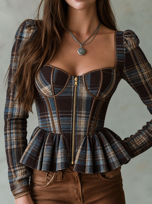 Brown Blue Plaid Corset Peplum Puff Sleeves Top with Front Zipper