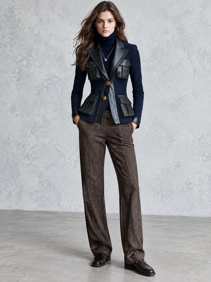 Retro Navy Microsuede Black Faux Leather Trim Blazer With Flap Pockets
