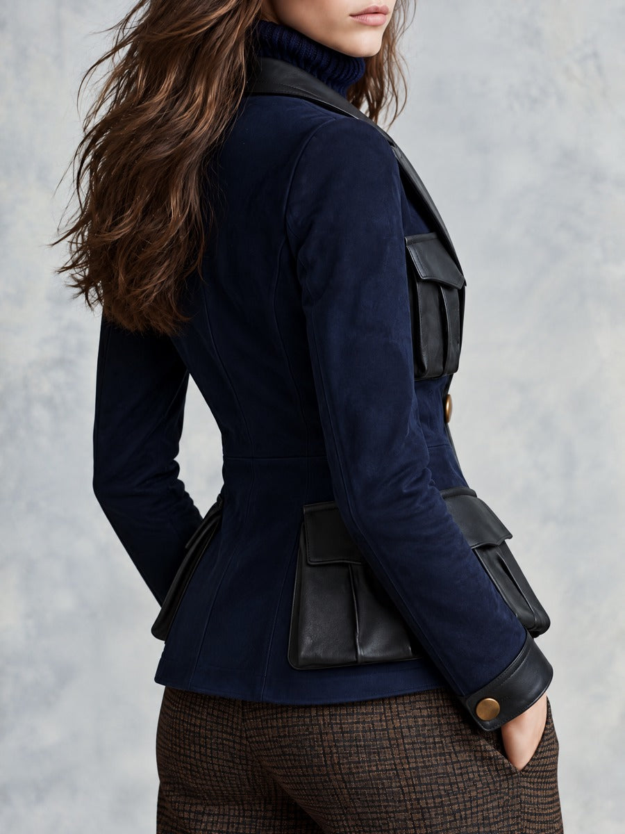 Retro Navy Microsuede Black Faux Leather Trim Blazer With Flap Pockets