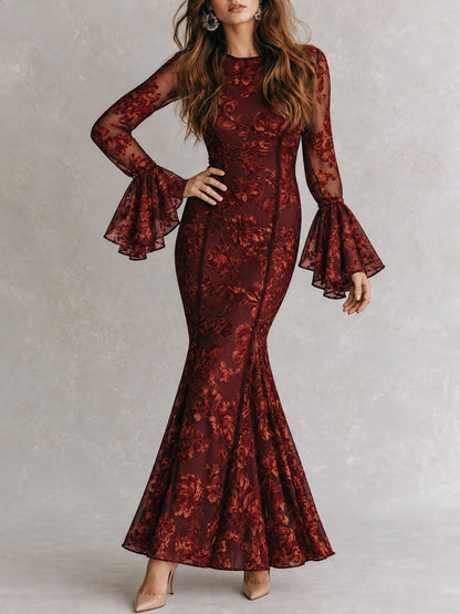 Elegant Burgundy Floral Lace Mermaid Maxi Dress With Sheer Bell Sleeves