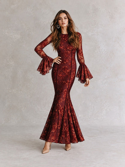 Elegant Burgundy Floral Lace Mermaid Maxi Dress With Sheer Bell Sleeves