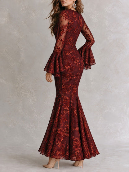 Elegant Burgundy Floral Lace Mermaid Maxi Dress With Sheer Bell Sleeves