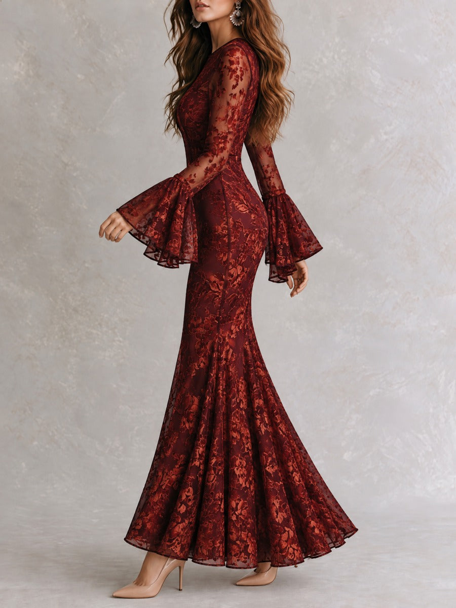 Elegant Burgundy Floral Lace Mermaid Maxi Dress With Sheer Bell Sleeves