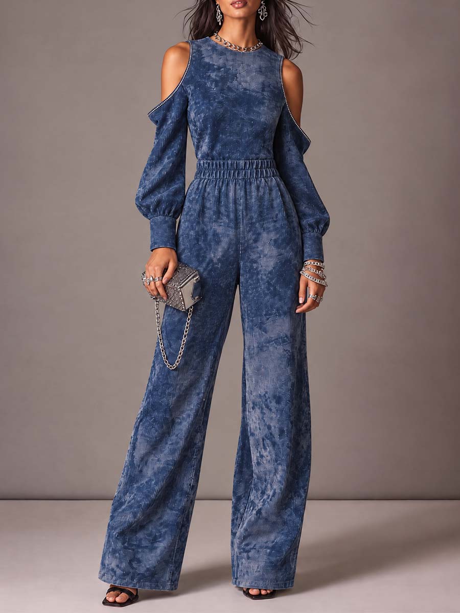 Blue Mottled Cold-Shoulder Wide-Leg Jumpsuit with Long Blouson Sleeves