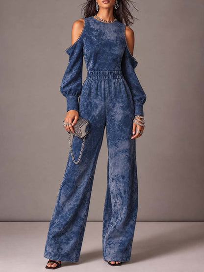 Blue Mottled Cold-Shoulder Wide-Leg Jumpsuit with Long Blouson Sleeves