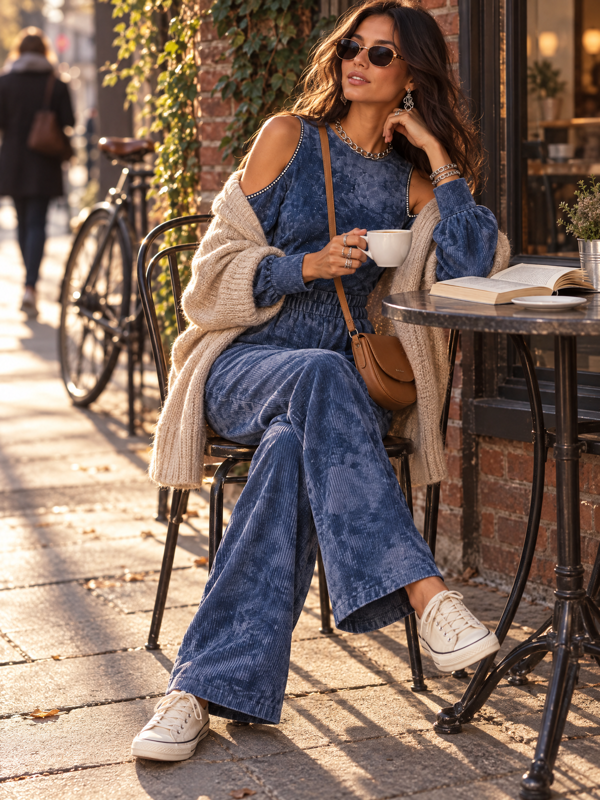 Blue Mottled Cold-Shoulder Wide-Leg Jumpsuit with Long Blouson Sleeves