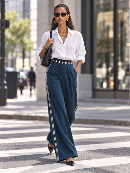 Navy Ribbed Cold-Shoulder Top and Wide-Leg Pants Set with Gold Button Details