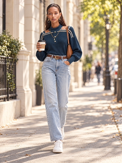 Navy Ribbed Cold-Shoulder Top and Wide-Leg Pants Set with Gold Button Details