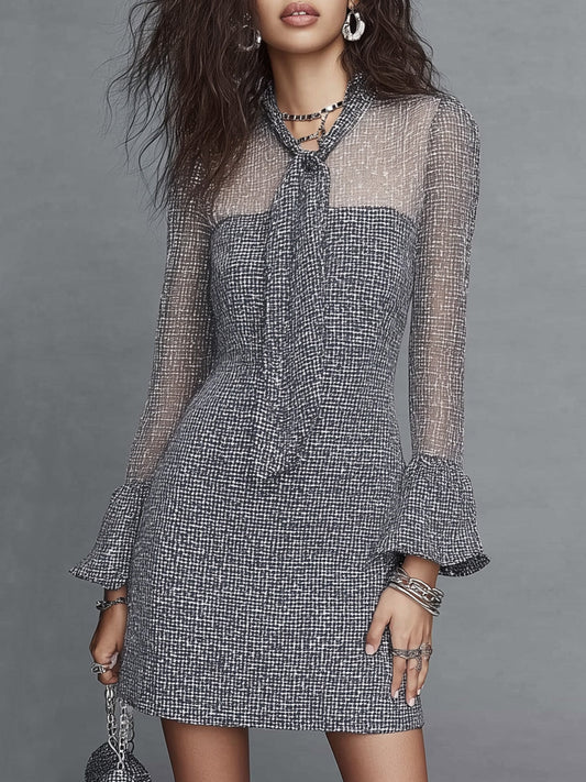 Vintage Sheer Mesh Sleeves And Bell Cuffs Tweed Tie-Neck Mini Dress