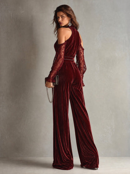 Burgundy Velvet Cold-Shoulder Wide-Leg Jumpsuit with Lace Sleeves and Rhinestone Buttons