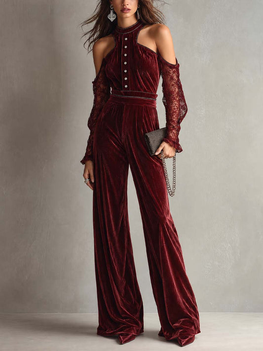 Burgundy Velvet Cold-Shoulder Wide-Leg Jumpsuit with Lace Sleeves and Rhinestone Buttons