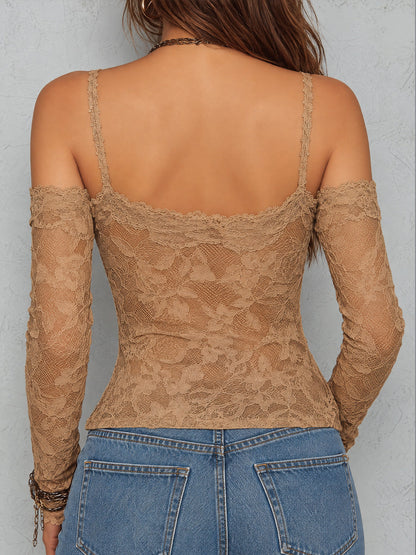 Vintage Floral Lace Off-Shoulder Long Sleeve T-shirt