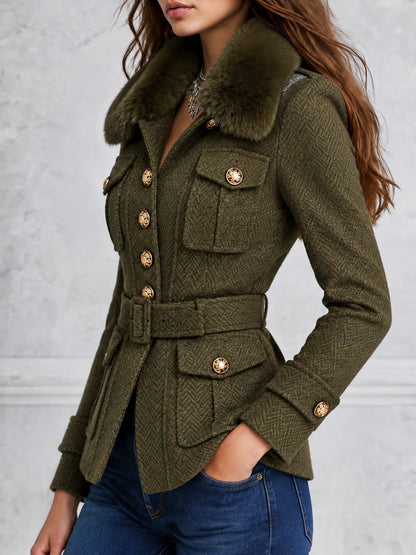 Vintage Olive Herringbone Tweed Belted Jacket With Faux Fur Collar